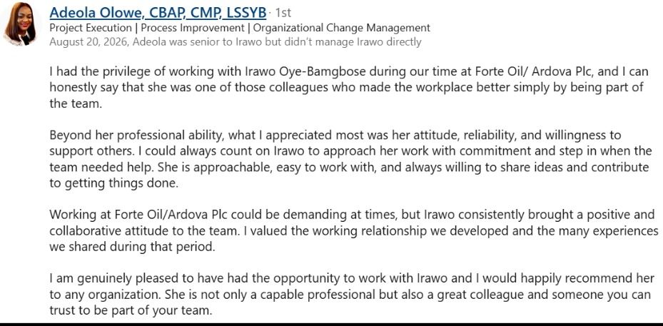 LinkedIn Recommendation from Adeola Olowe, CBAP, CMP, LSSYB
