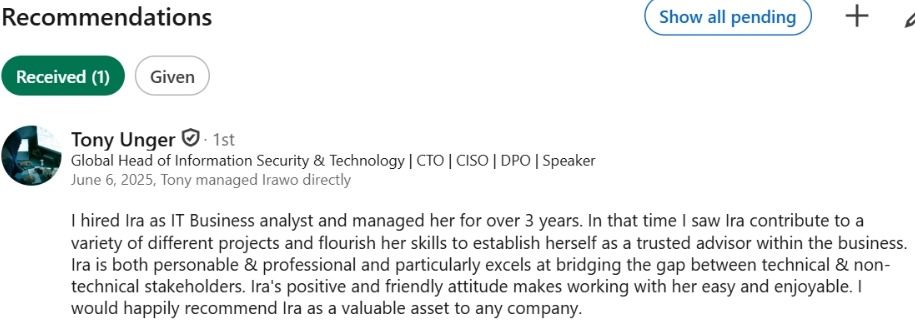 LinkedIn Recommendation from Tony Unger, CTO / Global Head of Information Security & Technology